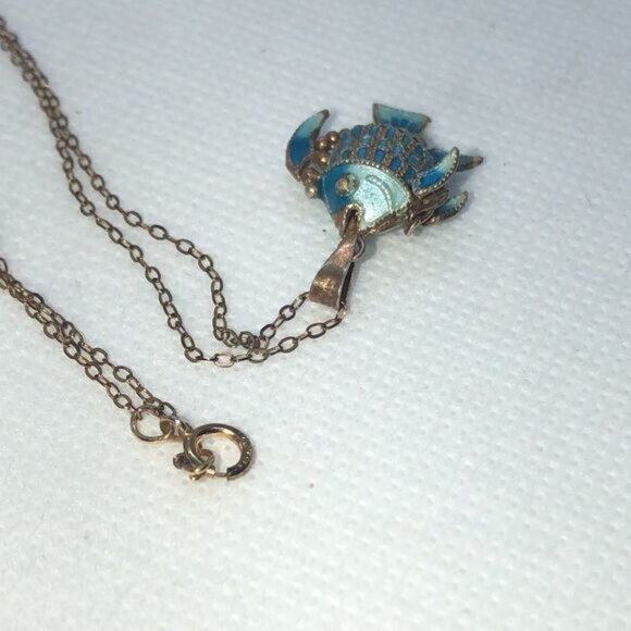 Antique 14k Gold Filled Blue Fish Necklace - Picture 3 of 5